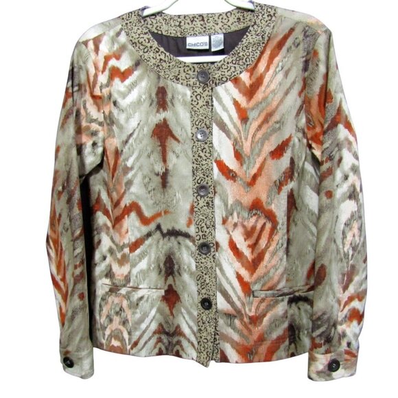 Chicos Animal Print Tan Rust Button Front Jacket Size L 2 Zebra Leopard Lined - Picture 1 of 11